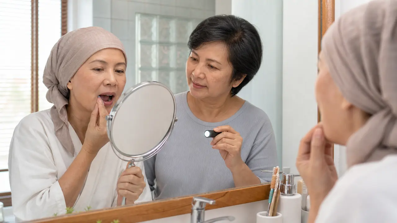 ผู้ป่วยตรวจริมฝีปากและช่องปากอย่างอ่อนโยนด้วยกระจกในแสงธรรมชาติ
