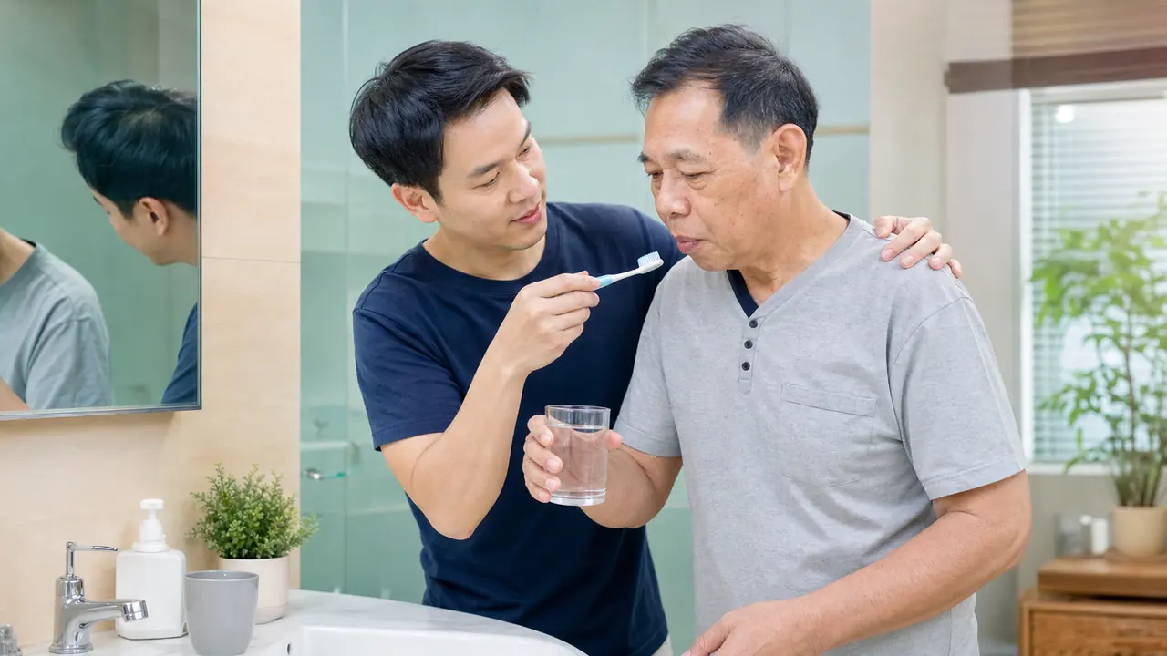 ลูกชายช่วยคุณพ่อสูงวัยดูแลช่องปากและเตรียมน้ำบ้วนปากอย่างเคารพศักดิ์ศรี